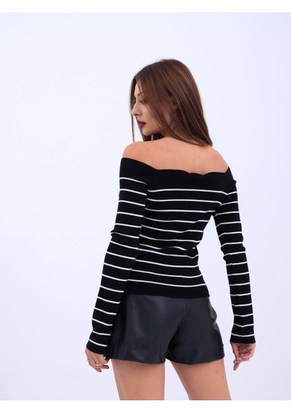 Grip&hug 4206 Triko Çizgili Kayık Yaka Crop-Siyah-Ekru