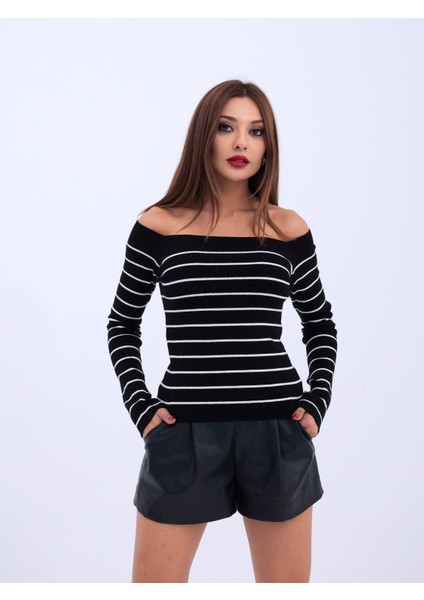 Grip&hug 4206 Triko Çizgili Kayık Yaka Crop-Siyah-Ekru