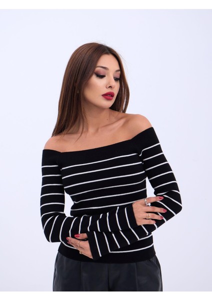 Grip&hug 4206 Triko Çizgili Kayık Yaka Crop-Siyah-Ekru