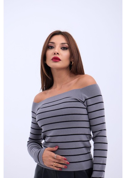 Grip&hug 4206 Triko Çizgili Kayık Yaka Crop-Gri-Siyah