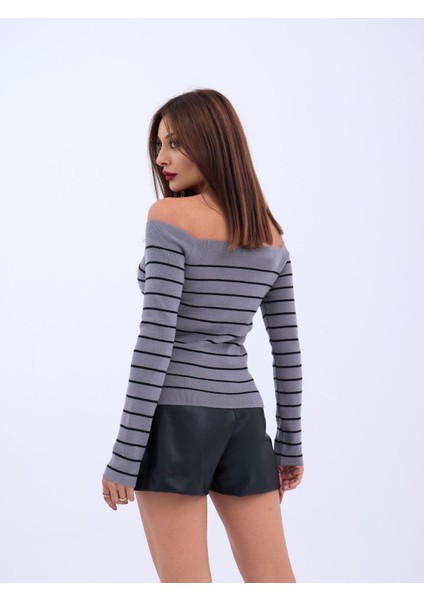 Grip&hug 4206 Triko Çizgili Kayık Yaka Crop-Gri-Siyah