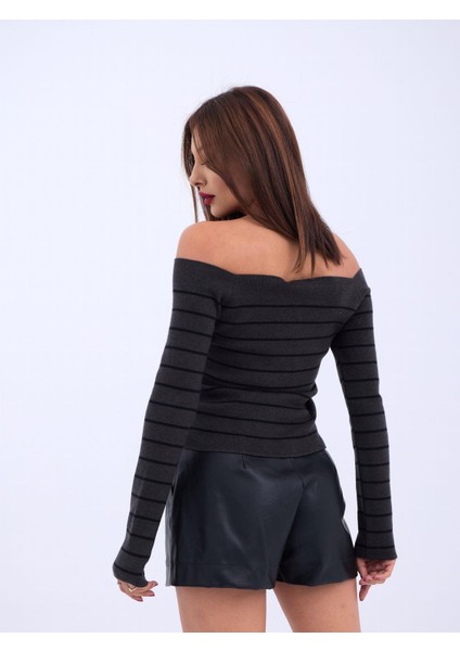 Grip&hug 4206 Triko Çizgili Kayık Yaka Crop-Antrasit-Siyah