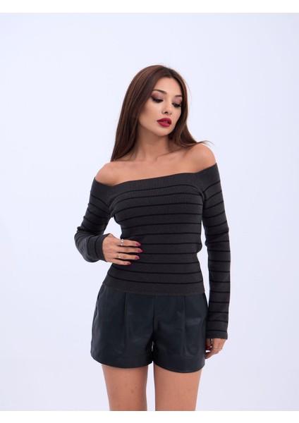 Grip&hug 4206 Triko Çizgili Kayık Yaka Crop-Antrasit-Siyah