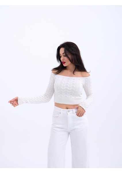 Grip&hug 42241 Triko Kayık Yaka Crop-Ekru