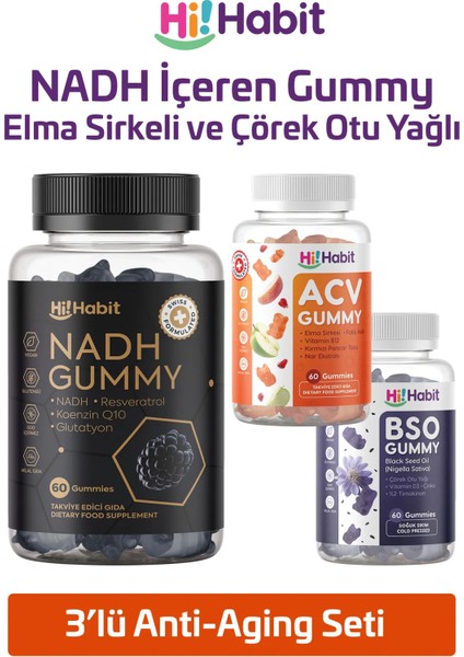 Nadh Elma Sirkesi ve Çörek Otu Yağı İçeren Gummy – B12, Q10, D3 Takviyeli Vegan Gummies 3’lü Set 3 x 60 Adet