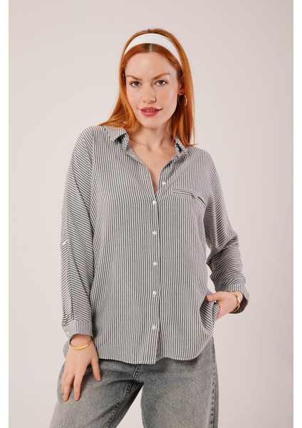 Grip&hug Cep Detay Çizgili Oversize Gri Gömlek
