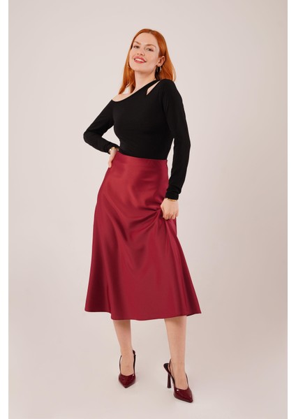 Grip&hug Çan Kesim Midi Bordo Saten Etek