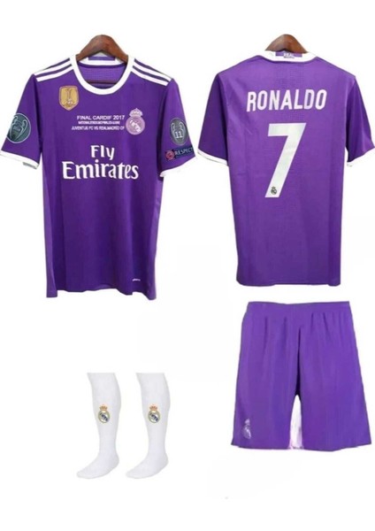 Real Madrid 2017 Cardiff Şampiyonlar Ligi Finali Cristiano Ronaldo Çocuk Forması+Şort+Armalı Çorap