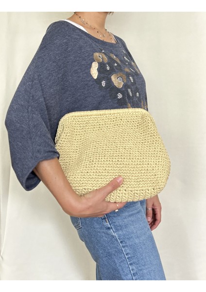 Iris Kadın Burslu Astarlı Kağıt Ip Çanta , Hasır Örgü Clutch, El Çantası, Portföy