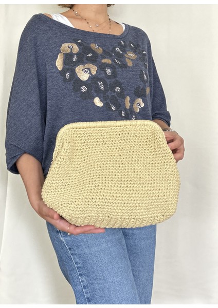 Iris Kadın Burslu Astarlı Kağıt Ip Çanta , Hasır Örgü Clutch, El Çantası, Portföy