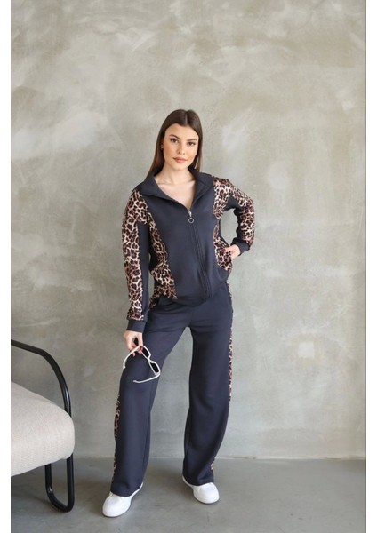 Grip&hug Osy Modal Yumuşak Dokulu Kumaş Kapüşonlu Leopar Desenli Fermuarlı Takım - Antrasit