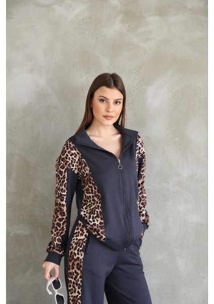 Grip&hug Osy Modal Yumuşak Dokulu Kumaş Kapüşonlu Leopar Desenli Fermuarlı Takım - Antrasit