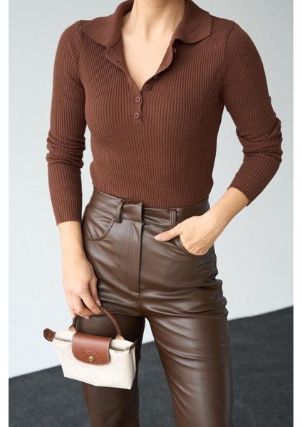 Grip&hug Polo Yaka 6 Düğmeli Kazak - Kahve