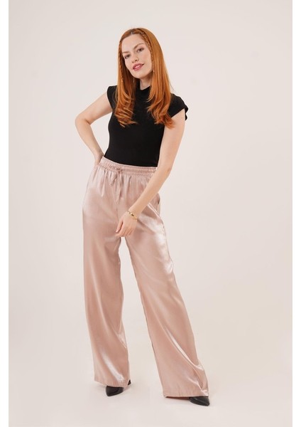 Grip&hug Parlak Görünümlü Cepli Bej Bol Paça Pantolon