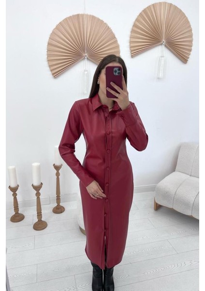 Grip&hug Kırmızı Boydan Düğmeli Deri Elbise