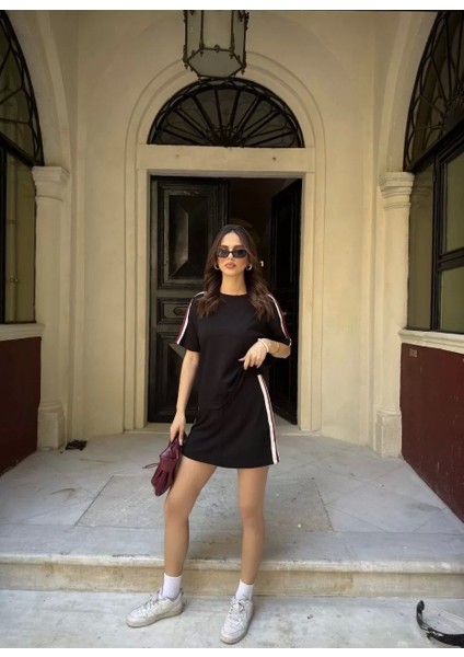 Osy Modal Yumuşak Dokulu Kumaş Kadın Parçalı Bisiklet Yaka T-Shirt Mini Şortlu Etek Ikili Takım - Siyah fiyatları