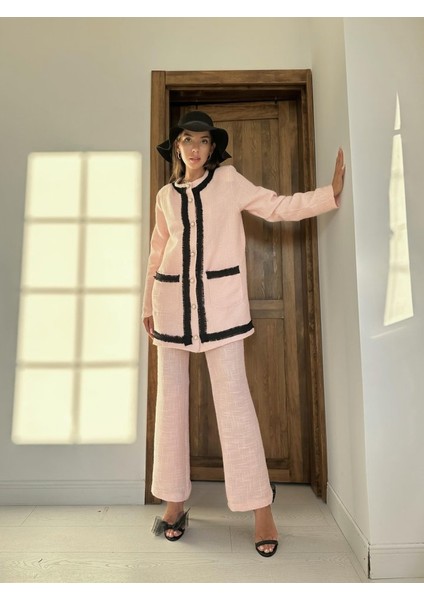 Grip&hug Pembe Siyah Şeritli Yakasız Ceket ve Pantolon Takım
