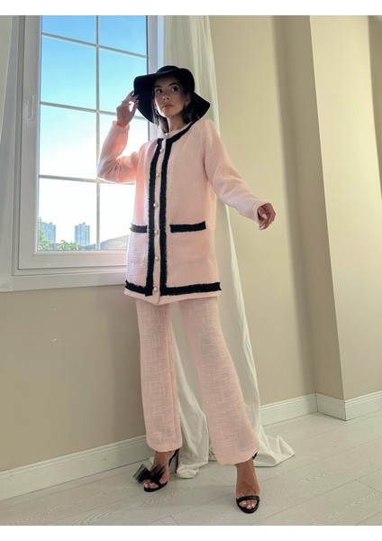 Grip&hug Pembe Siyah Şeritli Yakasız Ceket ve Pantolon Takım