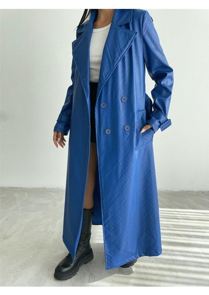 Grip&hug Kapitone Deri Trench - Mavi