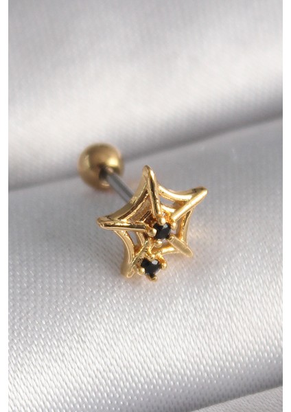 316L Çelik Gold Renk Siyah Zirkon Taş Detay Örümcek Ağ Model Tragus Piercing - TJ-PR1292
