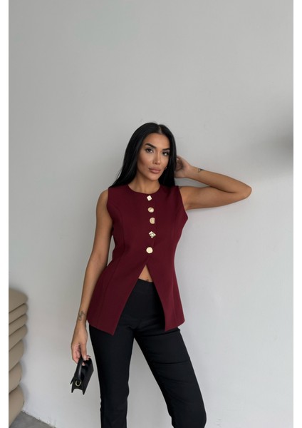 Grip&hug Gold Düğme Detaylı Yelek - Bordo