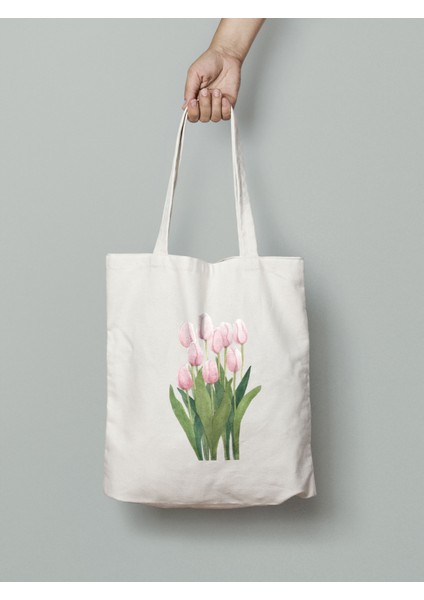 Pembe Lale Desenli Bez Çanta 35X40CM - Tote Bag- Çiçek Desenli Çanta