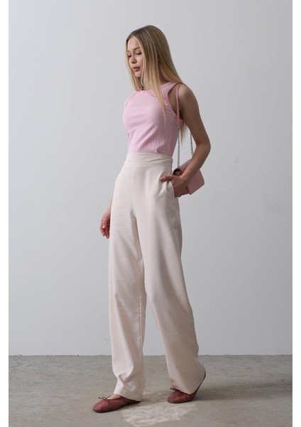 Grip&hug Beli Yarım Lastikli Palazzo Pantolon - Pudra