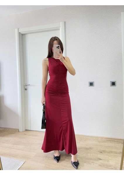 Kolsuz Büzgülü Uzun Elbise - Kırmızı modelleri