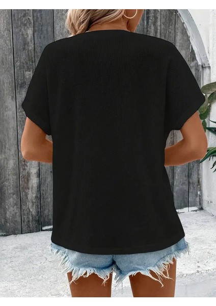 Kadın Kısa Kollu Yakası Açık Önden Düğmeli Waffle Bluz fırsatları
