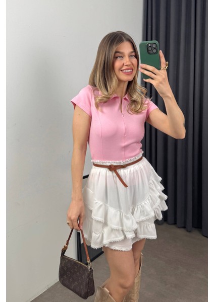 Toz Pembe Gömlek Yaka Fermuarlı Dikiş Detaylı Bluz
