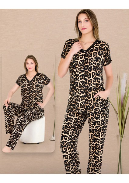 Leopar Desenli Pijama Düğmeli Üst Kısa Kollu Pijama Takımı 12482