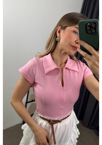 Toz Pembe Gömlek Yaka Fermuarlı Dikiş Detaylı Bluz fiyatları