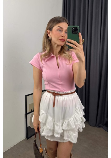 Toz Pembe Gömlek Yaka Fermuarlı Dikiş Detaylı Bluz fırsatları