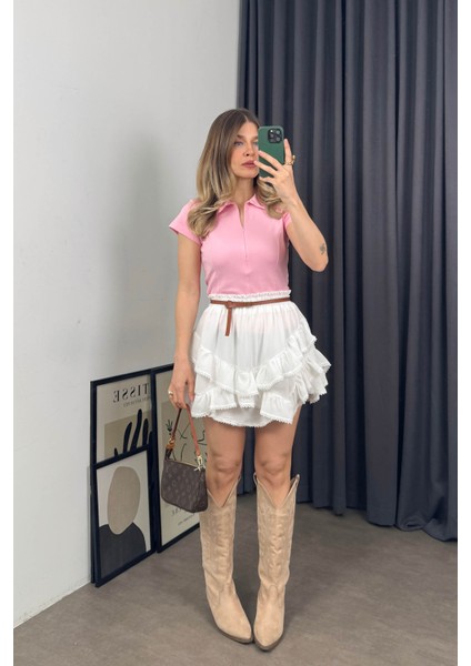 Toz Pembe Gömlek Yaka Fermuarlı Dikiş Detaylı Bluz indirimleri