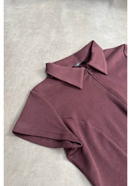 Bordo Kahve Gömlek Yaka Fermuarlı Dikiş Detaylı Bluz fiyatları