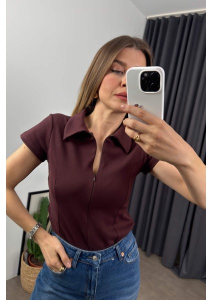Bordo Kahve Gömlek Yaka Fermuarlı Dikiş Detaylı Bluz modelleri