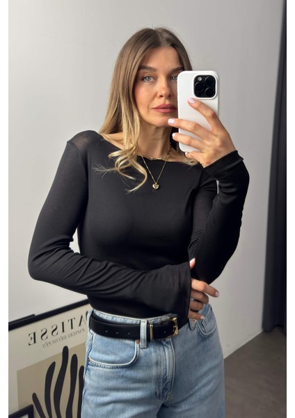 Siyah Ince Doku Pamuklu Bluz