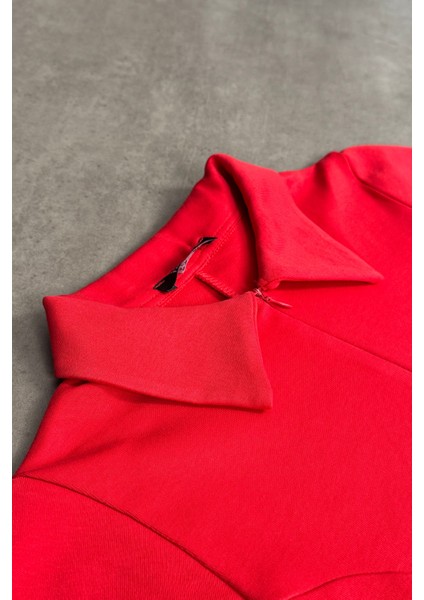 Kırmızı Gömlek Yaka Fermuarlı Dikiş Detaylı Bluz fiyatları