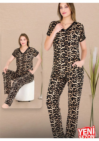Leopar Desenli Pijama Düğmeli Üst Kısa Kollu Pijama Takımı 12482