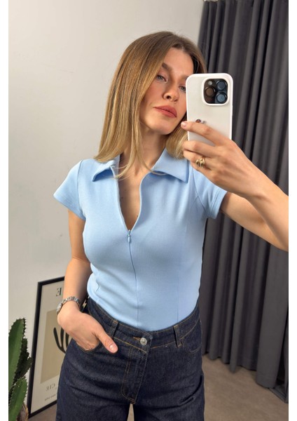 Bebe Mavisi Gömlek Yaka Fermuarlı Dikiş Detaylı Bluz