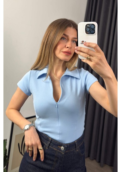 Bebe Mavisi Gömlek Yaka Fermuarlı Dikiş Detaylı Bluz modelleri