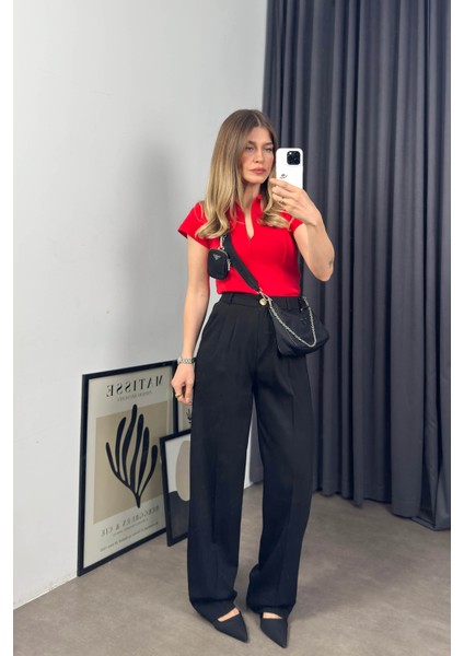 Kırmızı Gömlek Yaka Fermuarlı Dikiş Detaylı Bluz fırsatları