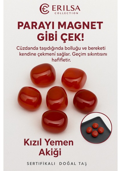Sertifikalı Cüzdan Boy Tamburlanmış Kızıl Yemen Akiği Taşı Kütle - Güç, Koruma Nazara Kalkan