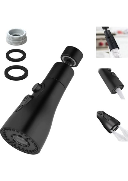 Musluk, Yedek Duş Başlığı, 360° Döndürülebilir, 3 Mod, Döndürülebilir Musluk, Başlık, Mutfak Armatürü, Adaptörlü, FM22 Mutfak Armatürü, Püskürtme Başlığı (Siyah)