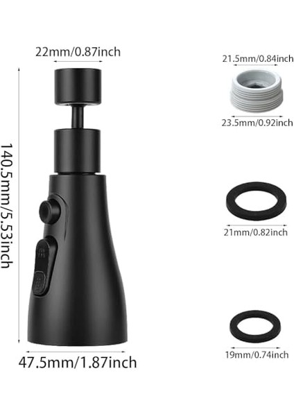 Musluk, Yedek Duş Başlığı, 360° Döndürülebilir, 3 Mod, Döndürülebilir Musluk, Başlık, Mutfak Armatürü, Adaptörlü, FM22 Mutfak Armatürü, Püskürtme Başlığı (Siyah)