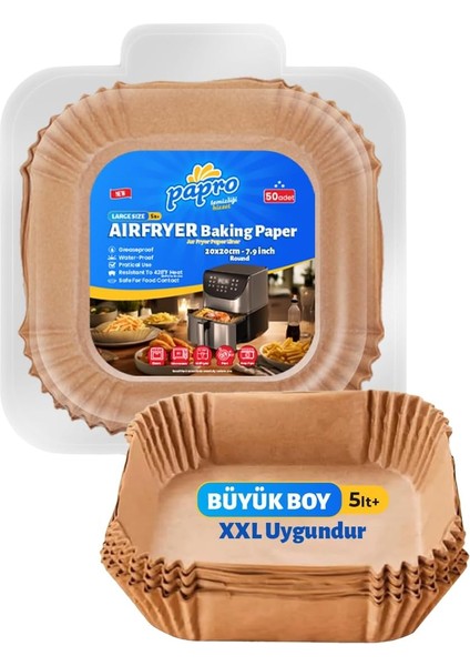 Airfryer Pişirme Kağıdı, Fritöz Yağlı Kağıdı, Yanmaz Kağıt Xxl Uyumlu 50 Adet (Kare) (1, Kare Büyük Boy 20X20)