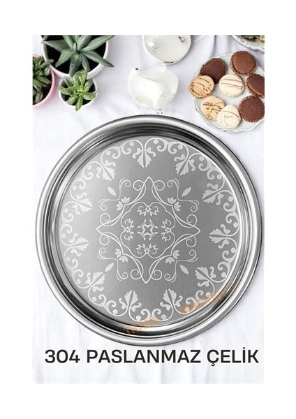 Servis Tepsisi - Çelik Çay Tepsisi Şık Desenli Tepsi 41 cm