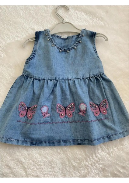 Kız Bebek Çoçuk Kelebek Nakışlı Çantalı Yazlık Kot bayramlık Elbise