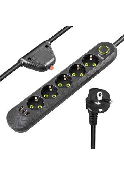 Akım Korumalı Grup Priz, 5 Li Priz,1.5 Metre Kablolu, 3 USB Li 3000W, 16 Amper, Kablo Üstünde Termal Koruma Sigortalı, Çocuk Korumalı, Topraklı (Sıyah-5)