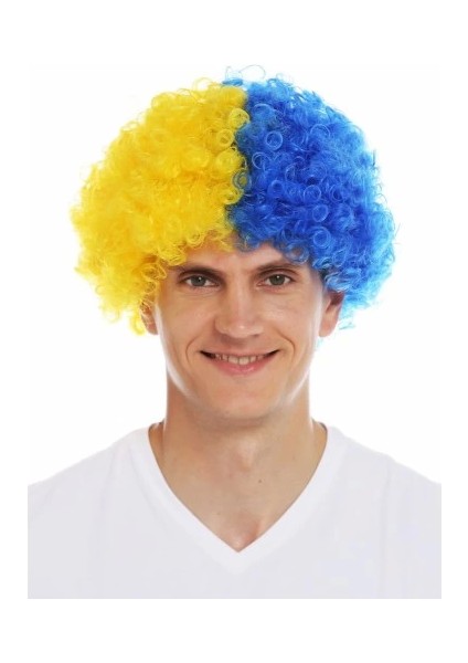 Sarı Lacivert Kıvırcık Afro Bonus Taraftar Peruğu
